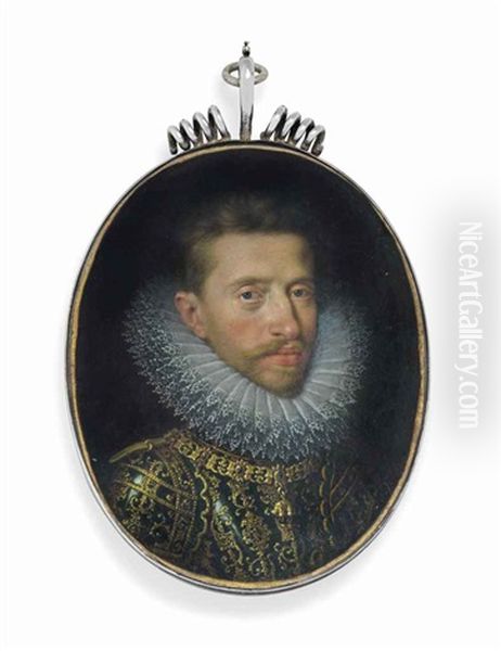 Archduke Albert Vii Of Austria (1559-1621), In Armour With Elaborate Gilt Decoartion, Wearing The Chain Of The Order Of The Golden Fleece, Triple Lace Ruff, Moustache And Small Beard, Gold Border Oil Painting by Frans Pourbus the younger