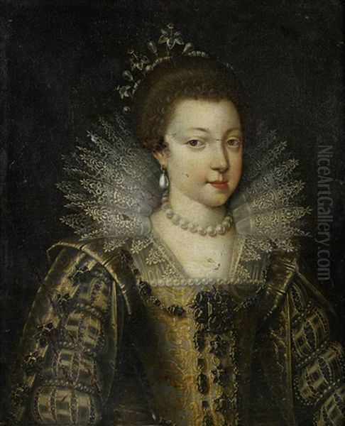 Portrait Of A Young Lady, Possibly Elizabeth Of France, Bust-length, In A Gold-embroidered Dress, A Lace Collar, With A Pearl Necklace And Earrings Oil Painting by Frans Pourbus the younger