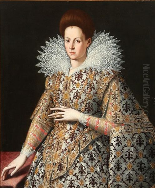 A Young Woman Wearing A Richly Embroidered Fleur De Lis Pattern Dress (maria De Medici, Future Queen Consort Of France?) Oil Painting by Frans Pourbus the younger