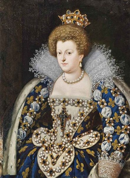 Portrait Of Maria De Medici (1573-1642), Queen Consort Of France In A Blue Dress Embroidered With Gold Fluer-de-lys And Adorned With Pearls Oil Painting by Frans Pourbus the younger