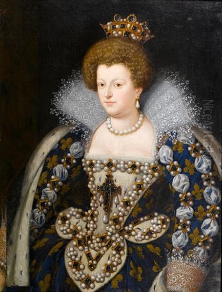 Portrait Of Maria De Medici, Three-quarter-length, In Blue Costume Decorated With White Ribbons, Pearls And Fleurs-de-lys Oil Painting by Frans Pourbus the younger