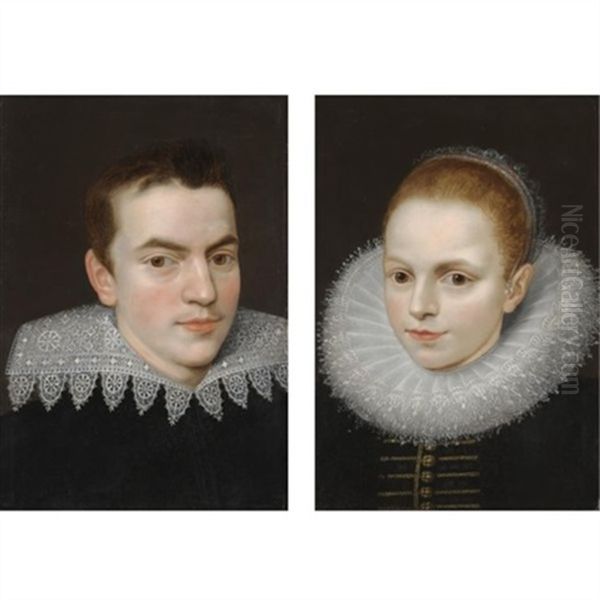 Portrait Of A Young Gentleman (+ Portrait Of A Young Lady; Pair) Oil Painting by Frans Pourbus the younger