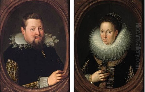 Portrait Of A Gentleman, In A Black Doublet With Gold Brocade And A Lace Collar (+ Portrait Of A Lady, Aged 37, In A Black Dress With Gold Brocade And A Lace Ruff; Pair) Oil Painting by Frans Pourbus the younger