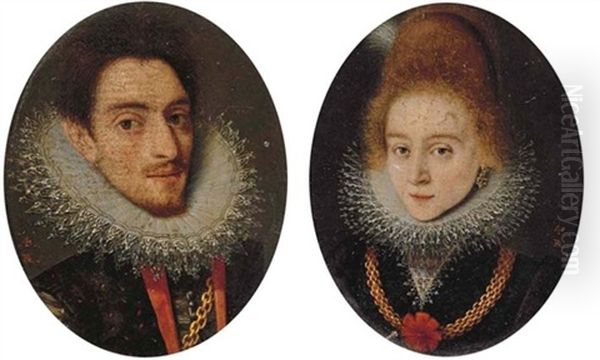 Portrait Of A Gentleman In A Black Doublet With A Lace Ruff, Wearing A Gold Chain (+ Portrait Of A Lady In A Black Dress With A Lace Trimmed Collar And Ruff And A Gold Chain; Pair) by Frans Pourbus the younger