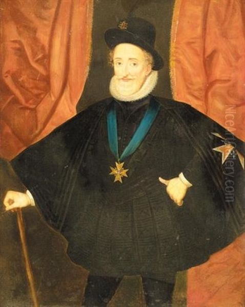 Portrait Of Henri Iv (1553-1610), Three-quarter Length, Wearing Black And The Order Of The Saint Esprit, Before Red Curtains Oil Painting by Frans Pourbus the younger