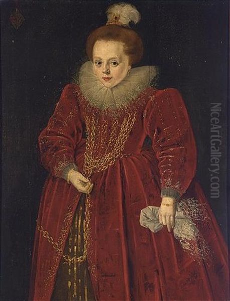 A Portrait Of Catherine D'arckel, Aged 8, Wearing A Red Dress With A White Lace Collar, A Feather Bonnet And A Golden Chain Oil Painting by Frans Pourbus the younger