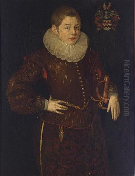 A Portrait Of Othon D'arckel, Aged 10, Wearing A Red Suit With A White Lace Collar, Holding A Sword Oil Painting by Frans Pourbus the younger