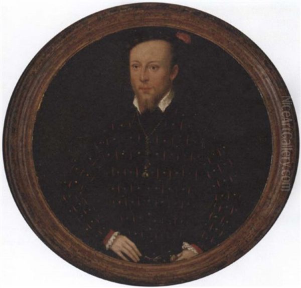 Portrait Of The Comte Lamoral D'egmont, Prince De Gavere, In A Black Doublet Slashed With Red With White Collar And Cuffs And Black Cap With Red Feather, Wearing The Order Of The Golden Fleece Oil Painting by Frans Pourbus the younger