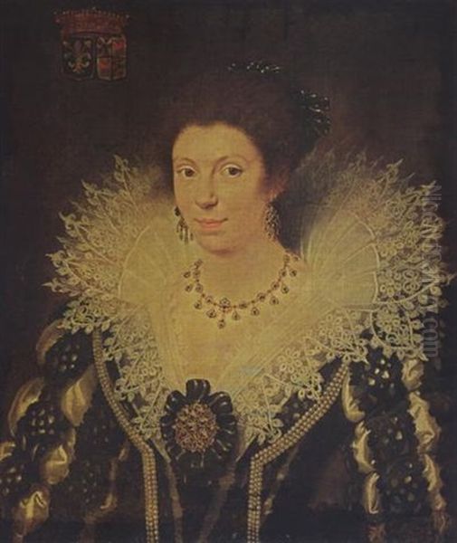 A Portrait Of Marie D'enghien De Kestergat, Wearing A Black And White Satin Dress Decorated With Pearls, Together With An Elaborate Lace Collar, A Headdress, A Golden Necklace And Earrings Oil Painting by Frans Pourbus the younger