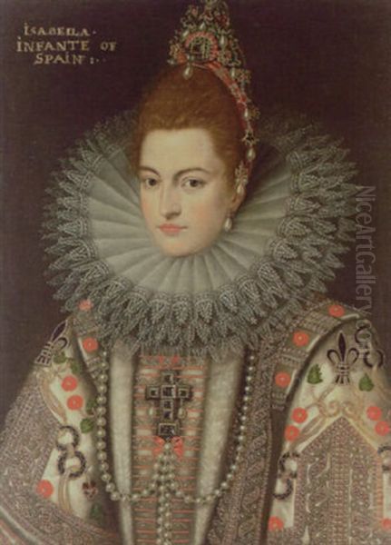 Portrait Of The Infanta Isabella Of Spain Wearing A Richly Embroidered Robe, White Ruff And Pearl Necklace Oil Painting by Frans Pourbus the younger