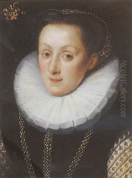 Portrait D'une Jeune Femme De La Famille Dointerp Portant Une Fraise Oil Painting by Frans Pourbus the younger