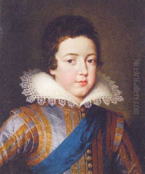 Portrait Of King Louis Xiii Of France In A Gold Embroidered Lilac Doublet With A Blue Sash Oil Painting by Frans Pourbus the younger