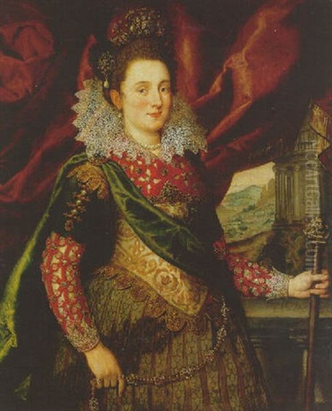 Portrait Of A Lady, In A Jeweled Dress, Standing By A Balustrade, A Classical Temple Beyond Oil Painting by Frans Pourbus the younger