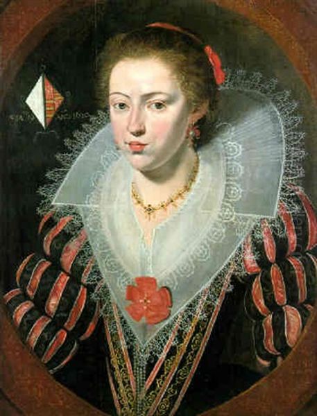 Portrait Of A Young Lady Of The Joigny De Pamele Family Wearing A Black And Red Silk Dress Oil Painting by Frans Pourbus the younger