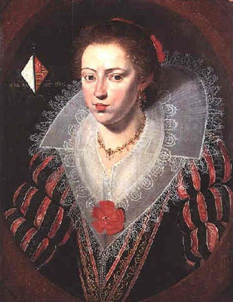 Portrait Of A Young Lady Of The Joigny De Pamele Family, Bust Length, Wearing A Black And Red Silk Dress Oil Painting by Frans Pourbus the younger