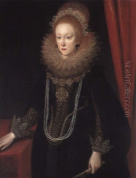 Portrait Of A Lady In A Black Embroidered Dress, Holding A Fan Oil Painting by Frans Pourbus the younger