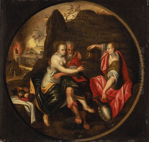 Lot Und Seine Tochter, Im Hintergrund Die Zerstorung Von Sodom Und Gomorrah Oil Painting by Pieter Jansz Pourbus