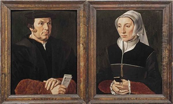 Portrait Of Leonard (lenaert) Van Casembroot (1495-1558), Burgomaster Of Bruges...; Portrait Of Godelieve Brest (?) (1510-1570)... (diptych) Oil Painting by Pieter Jansz Pourbus