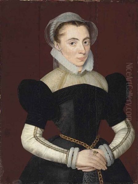 Portrait Of A Woman, Half-length, In A Black Dress With White Sleeves, A Bonnet, And A Gold Chain Around Her Waist Oil Painting by Pieter Jansz Pourbus