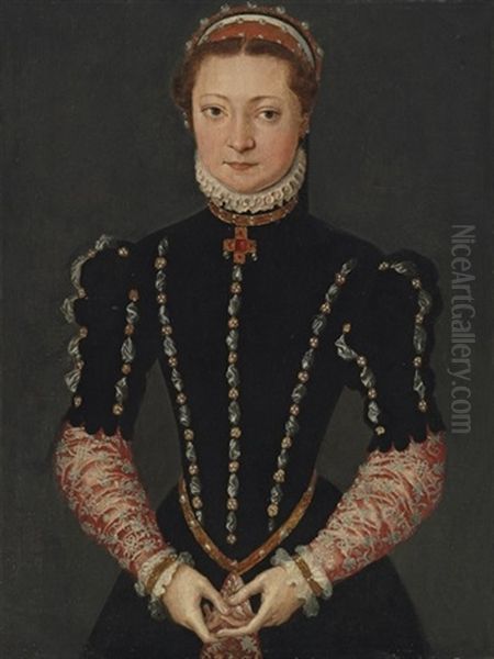 Portrait Of A Lady In A Black Dress Embroidered With Pearls, With A Scarlet And Silver Under Skirt And Sleeves Oil Painting by Pieter Jansz Pourbus