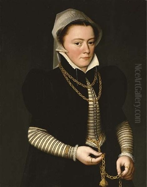 Portrait Of A Lady Wearing A Striped Bodice And Black Coat, Holding A Pomander On A Gold Chain by Pieter Jansz Pourbus