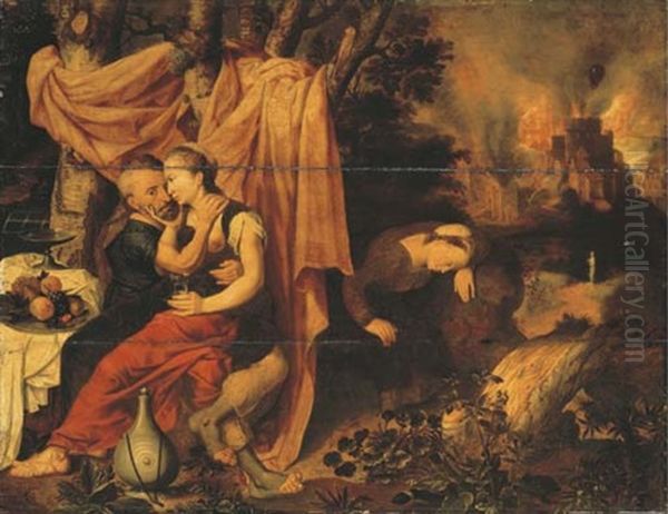 Lot And His Daughters, The Destruction Of Sodom And Gomorrah Beyond Oil Painting by Pieter Jansz Pourbus