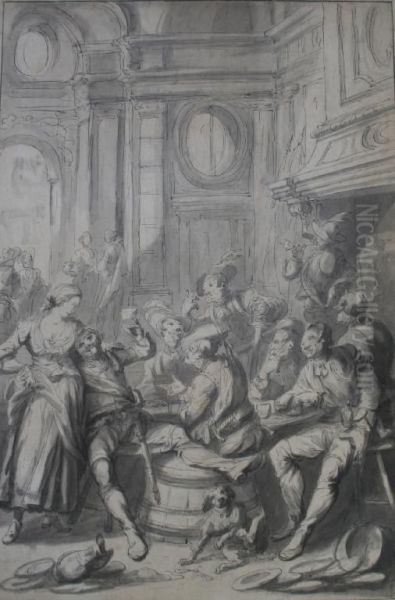 Rowdy Drinkers With A Maid In An Interior; Officers Planning Military Manoeuvres Two Oil Painting by Franois Boitard