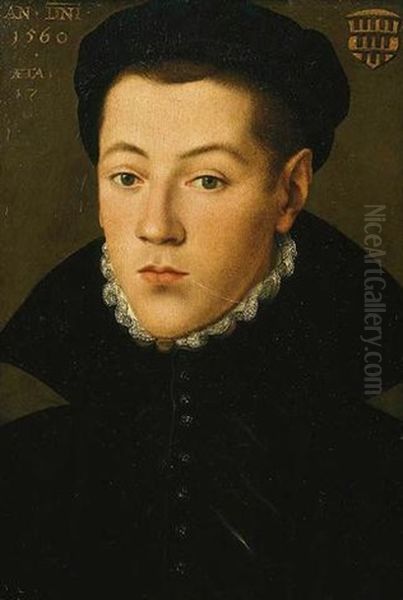 Portrait Of A Young Man (member Of The Overstolz De Efferen Family Of Cologne?) Wearing Black Costume With White Collar Oil Painting by Pieter Jansz Pourbus