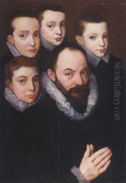 A Family Portrait Of A Gentleman And His Four Sons All Wearing Black With White Ruffs Oil Painting by Pieter Jansz Pourbus