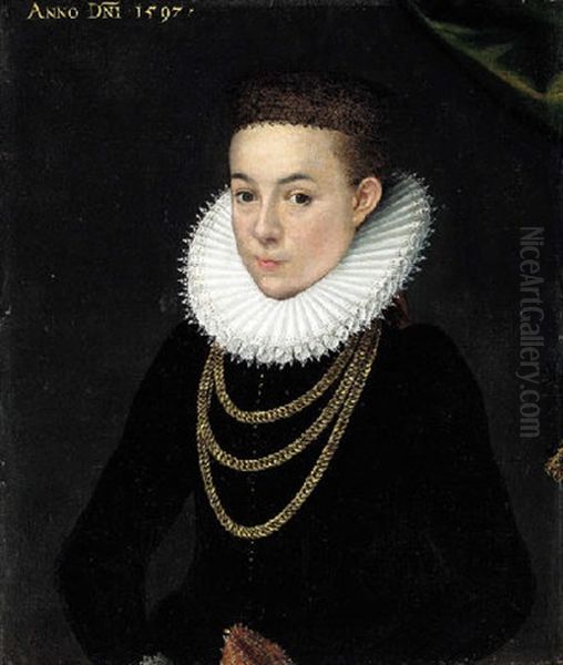 Portrait Of A Girl In Black Robes, With A White Collar And Gold Chains Oil Painting by Pieter Jansz Pourbus