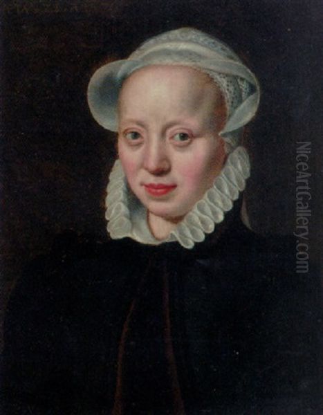 Portrait Of A Lady In A Black Dress Trimmed With Fur And A White Collar And Bonnet Oil Painting by Pieter Jansz Pourbus