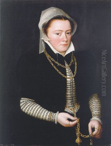 Portrait Of A Lady Wearing A Striped Bodice And Black Coat, Holding A Pomander On A Gold Chain Oil Painting by Pieter Jansz Pourbus