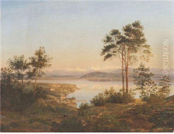 Le Lac De Neuenburger (neuchatel) Et Le Village De Saint-blaise Oil Painting by Edouard Pourtales Pury