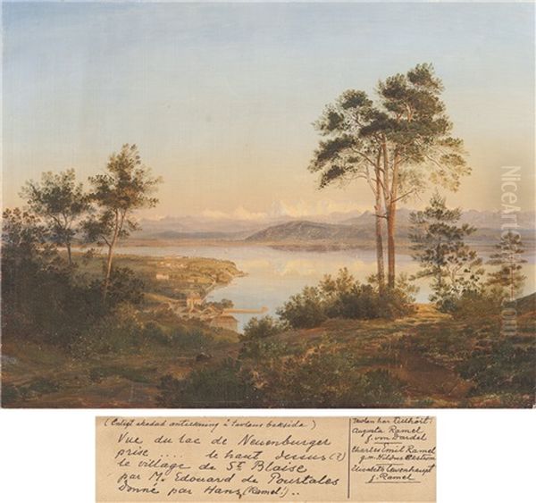 La Lac De Neuenberger (neuchatel) Et Le Village De Saint-blaise Oil Painting by Edouard Pourtales Pury