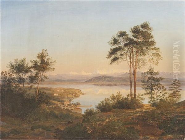 Le Lac De Neuenburger (neuchatel) Et Le Village De Saint-blaise Oil Painting by Edouard Pourtales Pury