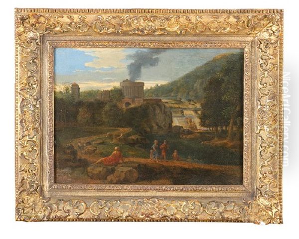 Landscape With Peasants, A Waterfall And Monuments Oil Painting by Nicolas Poussin