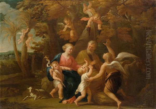 The Holy Family With John The Baptist And Putti In A Landscape Oil Painting by Nicolas Poussin