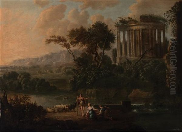 River Landscape With Shepherds Near The Ruins Of A Roman Temple Oil Painting by Nicolas Poussin