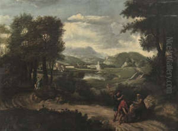 Figures On A Path In An Extensive Landscape Oil Painting by Nicolas Poussin