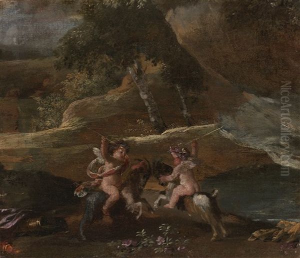 Two Putti Fighting, Mounted On Goats Oil Painting by Nicolas Poussin