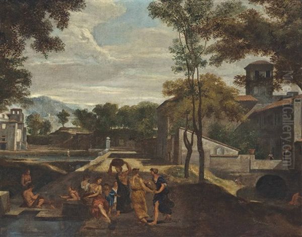 An Italianate Landscape With Classical Figures Conversing In The Foreground Oil Painting by Nicolas Poussin