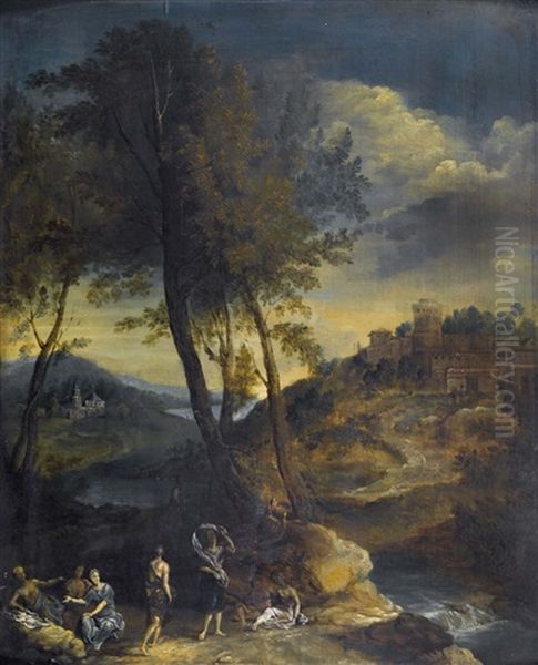 Idyllische Flusslandschaft Mit Staffage Oil Painting by Nicolas Poussin