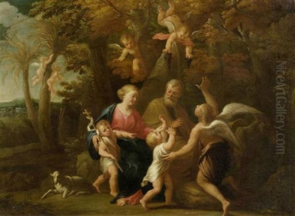 Heilige Familie Mit Johannes D. Taufer Und Putti In Einer Landschaft Oil Painting by Nicolas Poussin