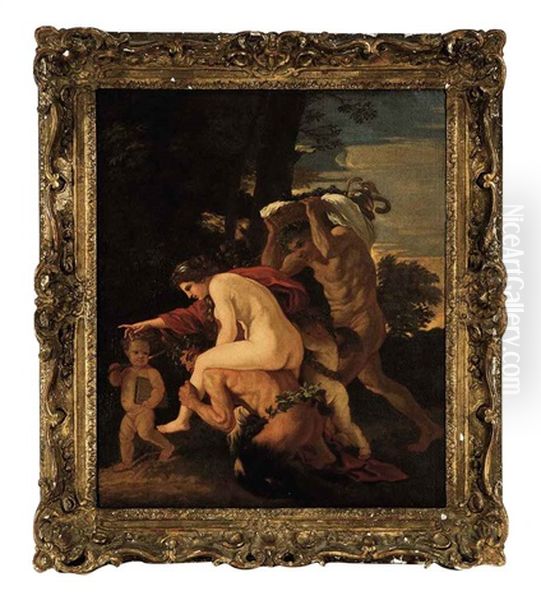 Satyr Carrying A Nymph On His Back, With Putti And A Faun In An Arcadian Landscape Oil Painting by Nicolas Poussin