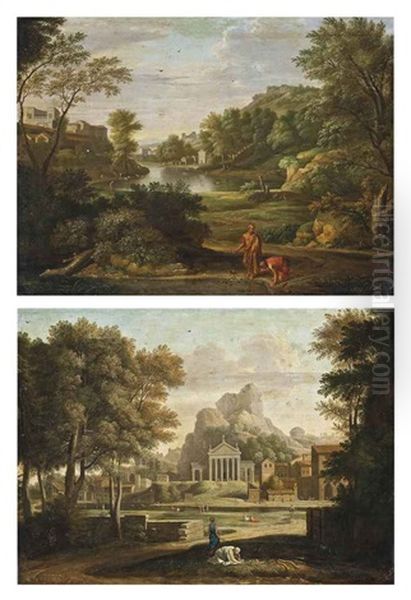 A Classical Landscape With Diogenes Casting Away His Drinking Cup (+ A Classical Landscape With The Gathering Of The Ashes Of Phoican; Pair) Oil Painting by Nicolas Poussin