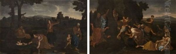 Moise Abandonne Aux Eaux (+ Moise Et Le Frappement Du Rocher; Pair) Oil Painting by Nicolas Poussin