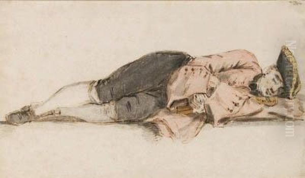 Study Of A Sleeping Violinist, Wearing A Tricorne And Holding Hisviolin Under His Arms Oil Painting by Louis P. Boitard