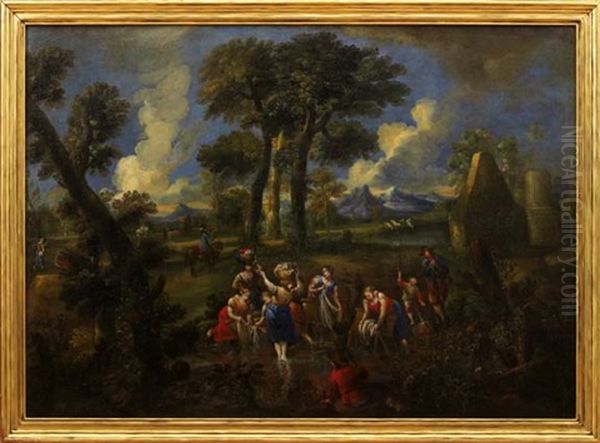 Expansive Arcadian River Landscape With Laundresses In The Foreground Oil Painting by Nicolas Poussin