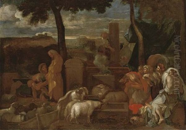 An Arcadian Landscape With Shepherds And Their Flocks At A Sacrificial Altar Oil Painting by Nicolas Poussin