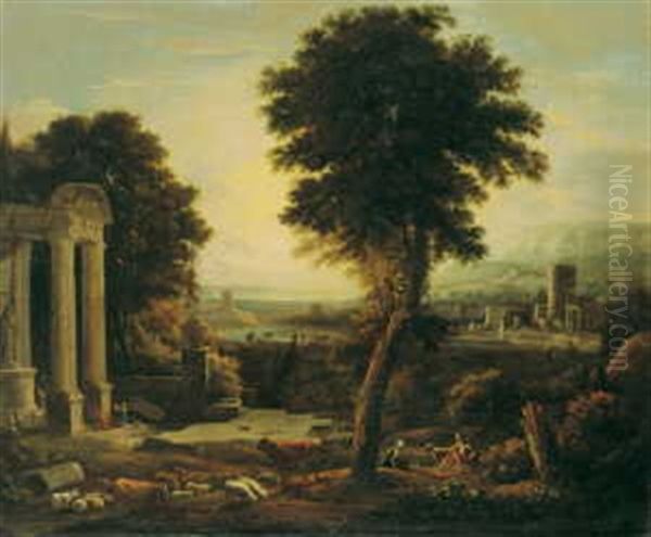 Arkadische Landschaft Mit Einer Tempelruine Und Hirtenstaffage Oil Painting by Nicolas Poussin